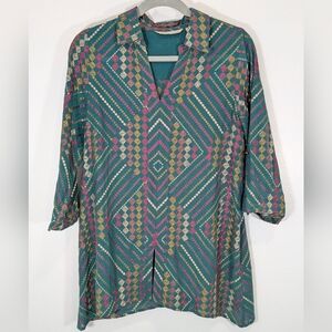 Soft Surroundings Embroidered Green Geometric Patterned Blouse Tunic Size PXS